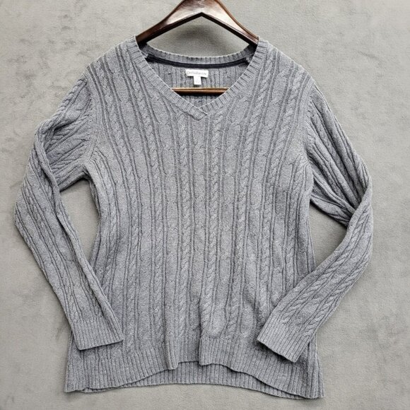 Croft & Barrow Cable Knit Sweater Women's Size Large Gray  V-Neck 100%‎ Cotton - Picture 1 of 7